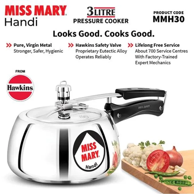 Hawkins Miss Mary Aluminium Inner Lid Handi Pressure Cooker - With Handle, Silver, MMH30, 3 l-3.webp